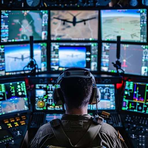 Military operator monitoring counter-UAS command and control displays with AI-powered threat detection interface